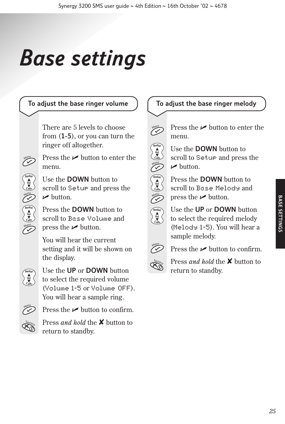 Base settings, Button to return to standby | BT 3200 SMS User Manual | Page 27 / 48