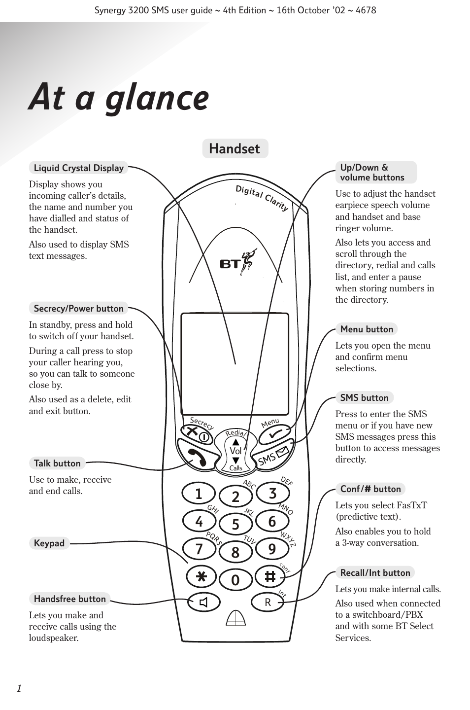 At a glance, Handset | BT 3200 SMS User Manual | Page 3 / 48