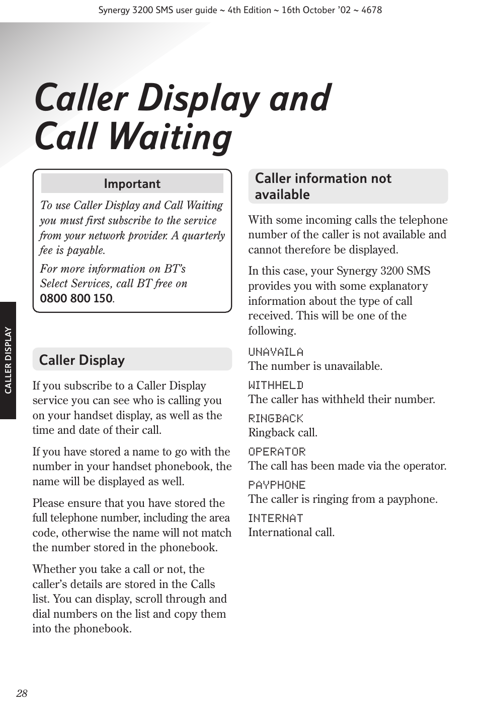 Caller display and call waiting, Caller display, Caller information not available | BT 3200 SMS User Manual | Page 30 / 48