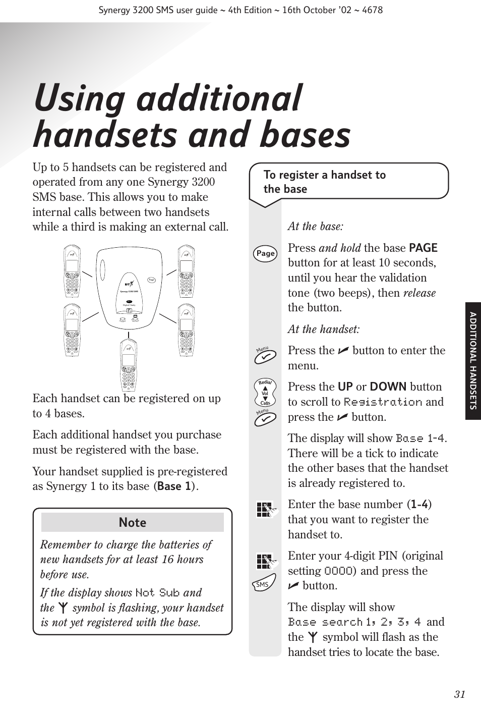 Using additional handsets and bases | BT 3200 SMS User Manual | Page 33 / 48