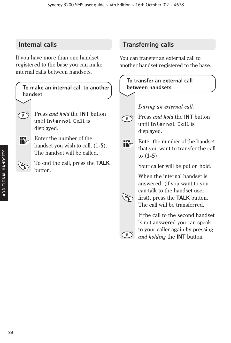 Internal calls, Transferring calls | BT 3200 SMS User Manual | Page 36 / 48