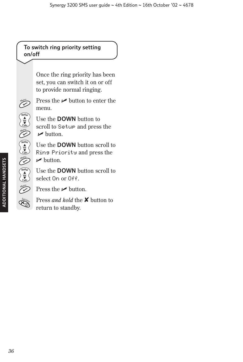 Button to return to standby | BT 3200 SMS User Manual | Page 38 / 48