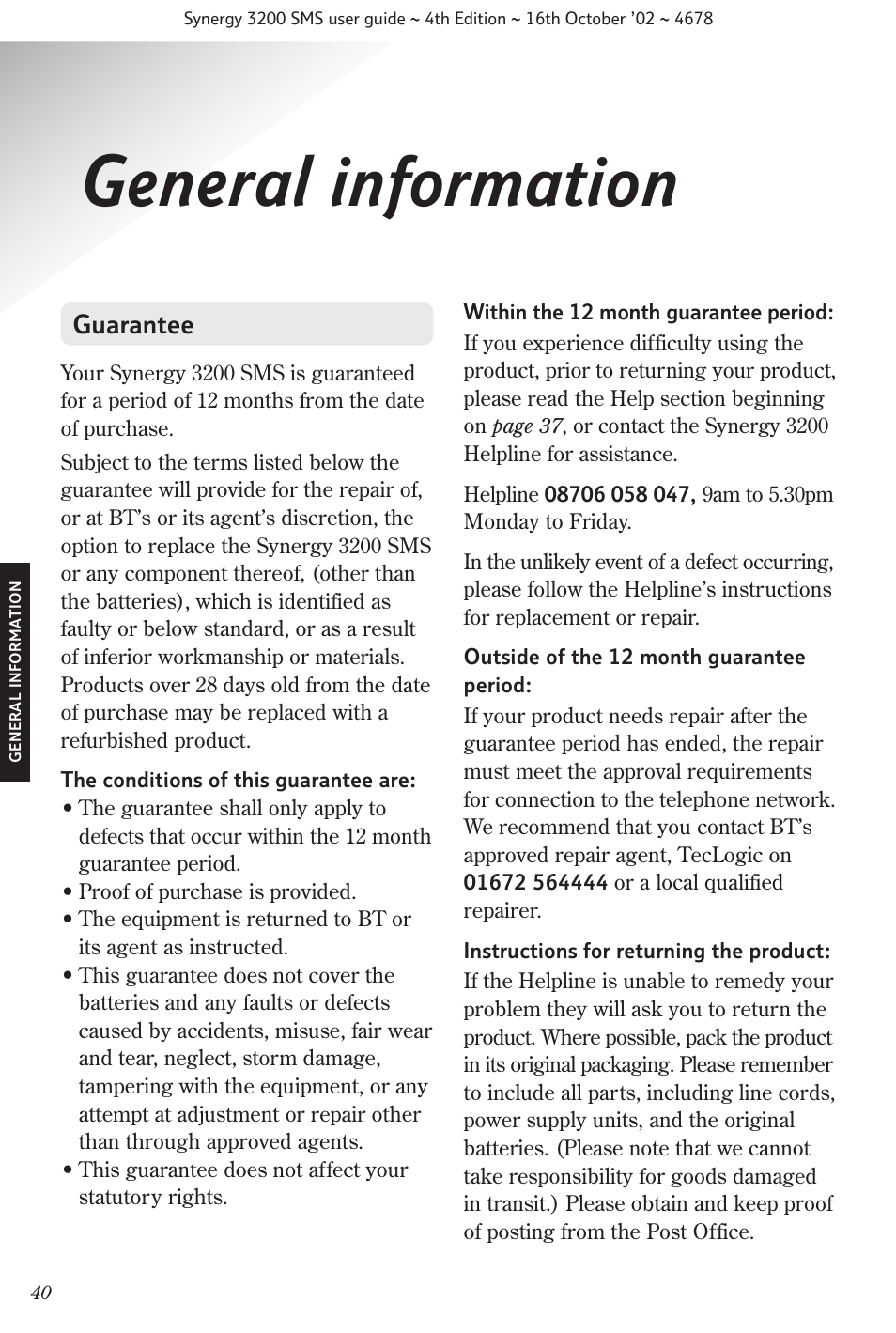 General information, Guarantee | BT 3200 SMS User Manual | Page 42 / 48