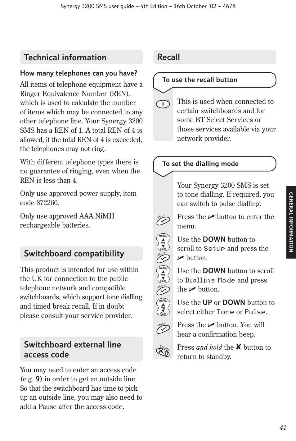 Switchboard compatibility recall, Button to return to standby | BT 3200 SMS User Manual | Page 43 / 48