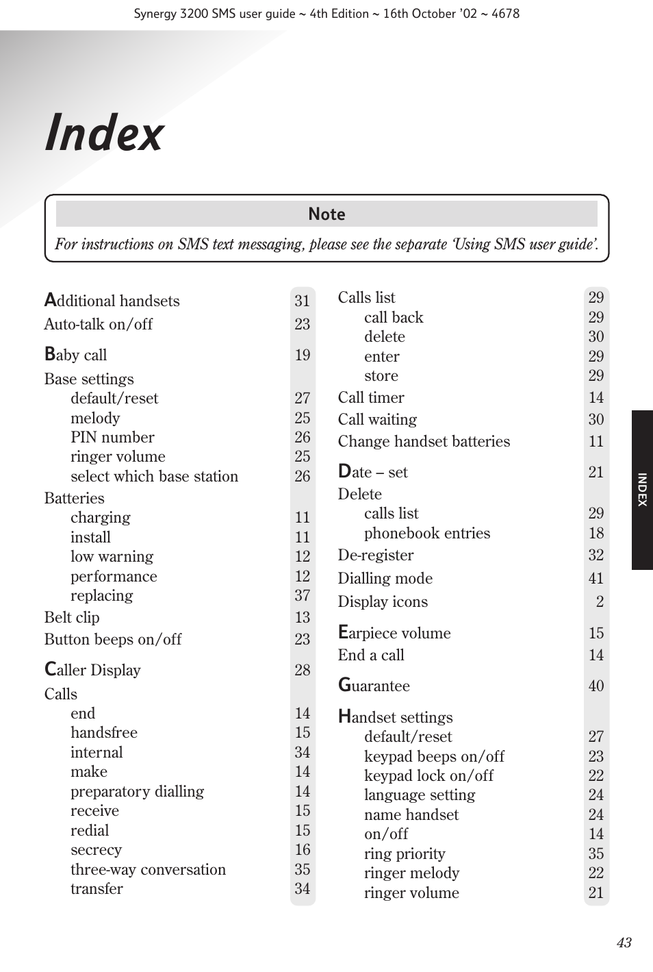 Index | BT 3200 SMS User Manual | Page 45 / 48