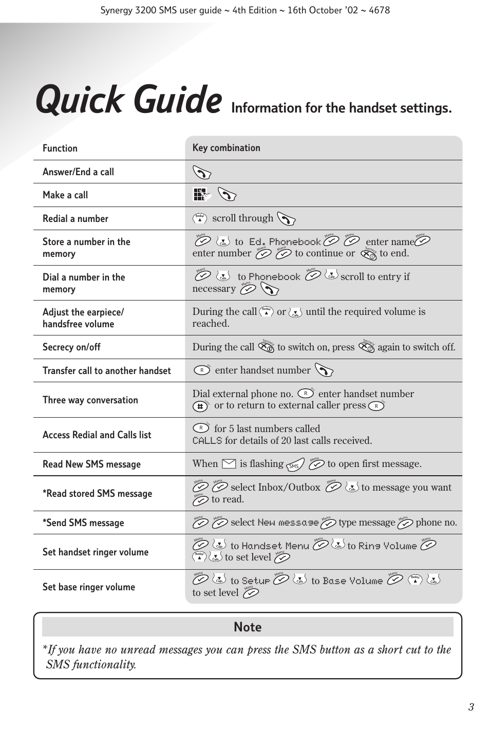 Quick guide, Information for the handset settings | BT 3200 SMS User Manual | Page 5 / 48