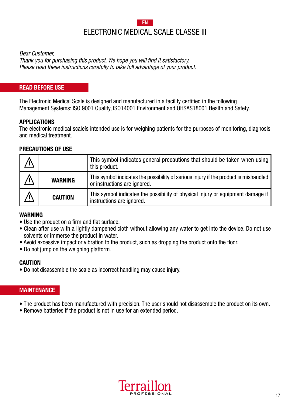 Electronic medical scale classe iii | Terraillon TPRO 6300 User Manual | Page 17 / 46