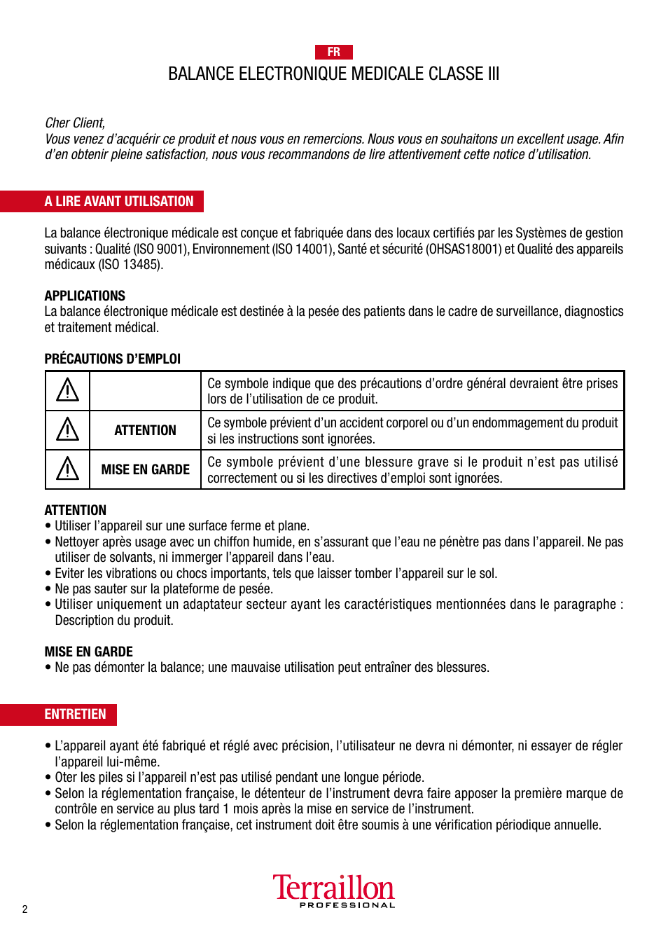 Balance electronique medicale classe iii | Terraillon TPRO 6300 User Manual | Page 2 / 46