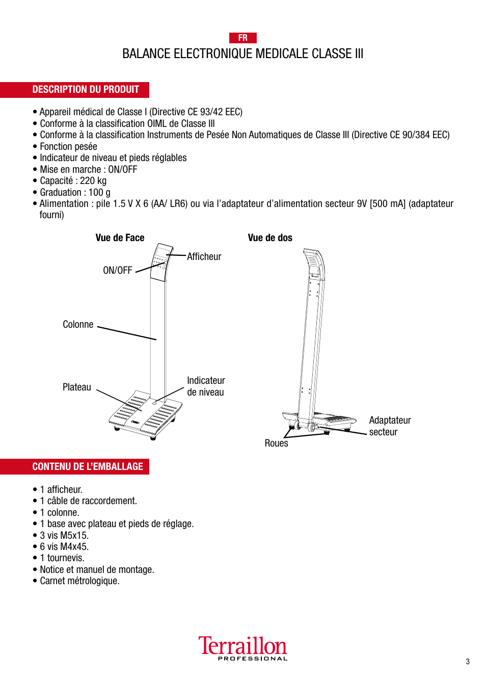 Balance electronique medicale classe iii | Terraillon TPRO 6300 User Manual | Page 3 / 46