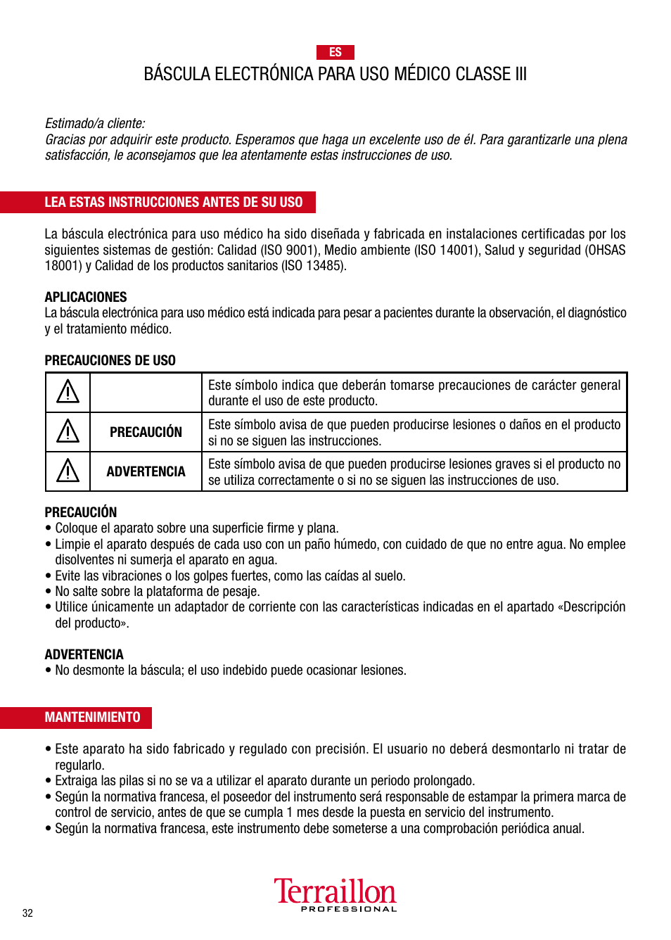 Báscula electrónica para uso médico classe iii | Terraillon TPRO 6300 User Manual | Page 32 / 46