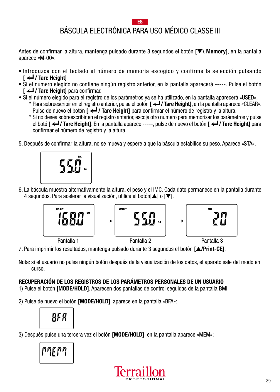 Báscula electrónica para uso médico classe iii | Terraillon TPRO 6300 User Manual | Page 39 / 46