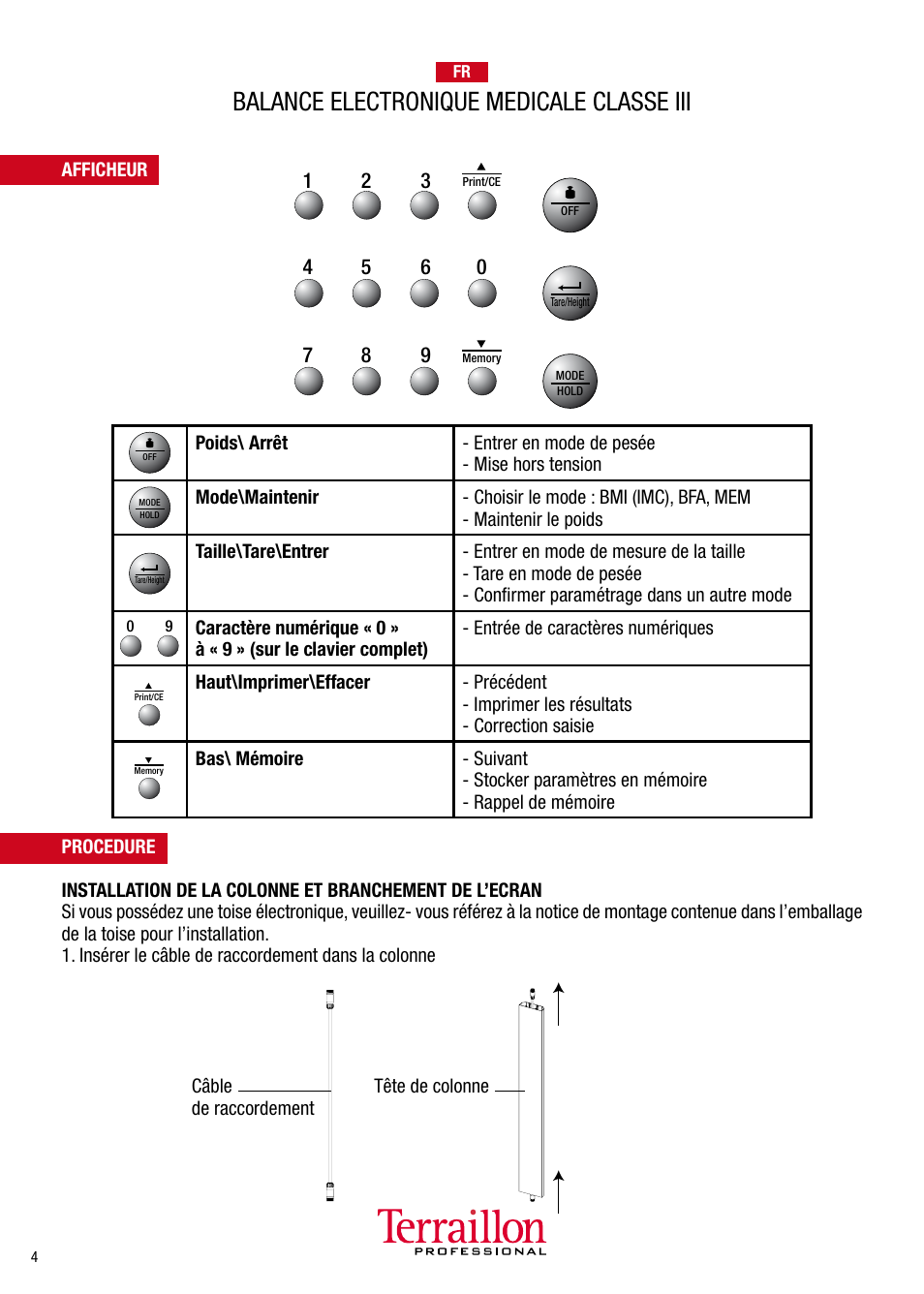 Balance electronique medicale classe iii, Tête de colonne câble de raccordement | Terraillon TPRO 6300 User Manual | Page 4 / 46