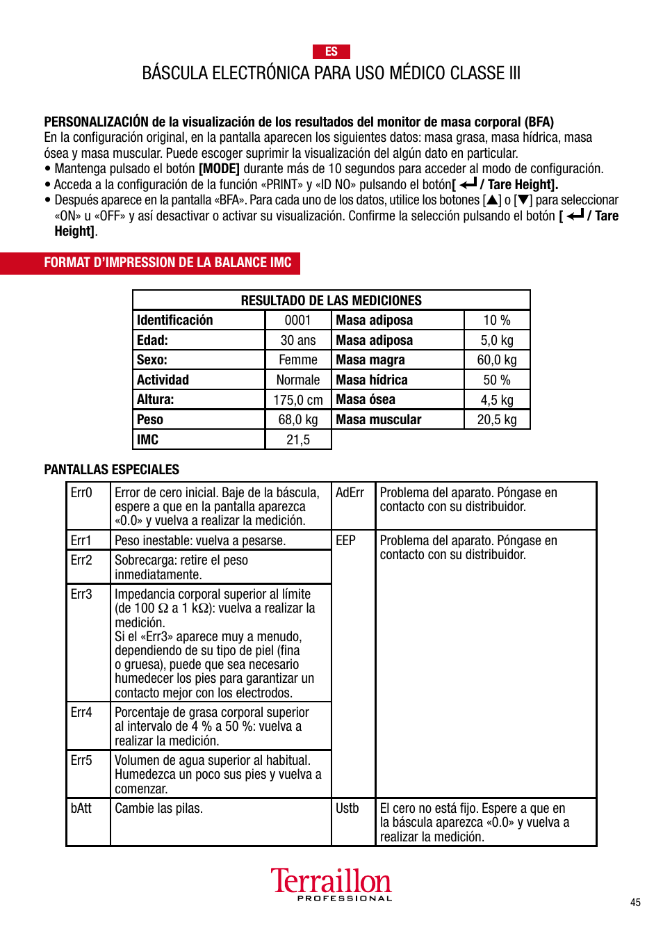 Báscula electrónica para uso médico classe iii | Terraillon TPRO 6300 User Manual | Page 45 / 46