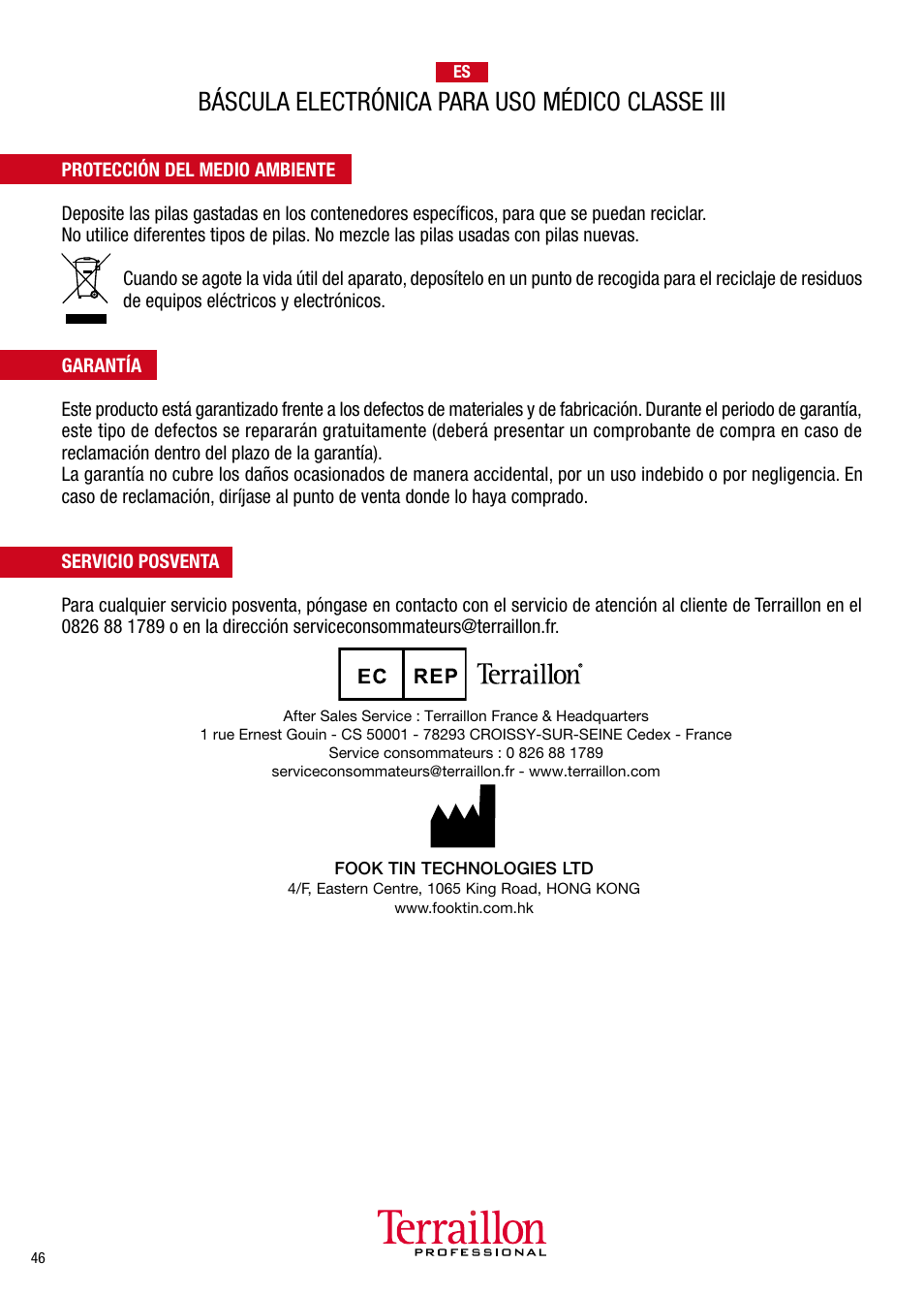 Báscula electrónica para uso médico classe iii | Terraillon TPRO 6300 User Manual | Page 46 / 46