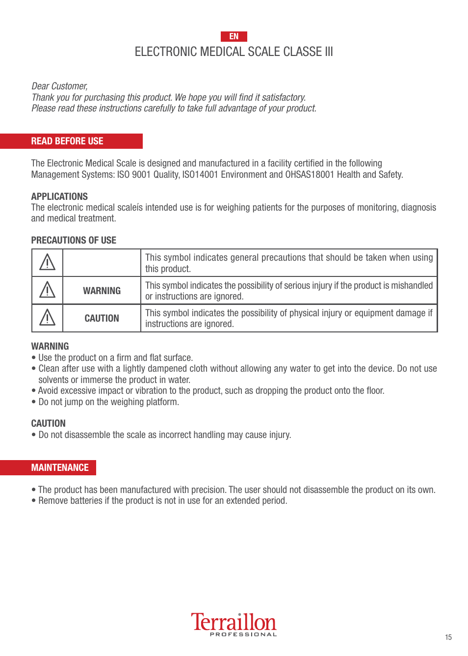 Electronic medical scale classe iii | Terraillon TPRO 6200 User Manual | Page 15 / 40