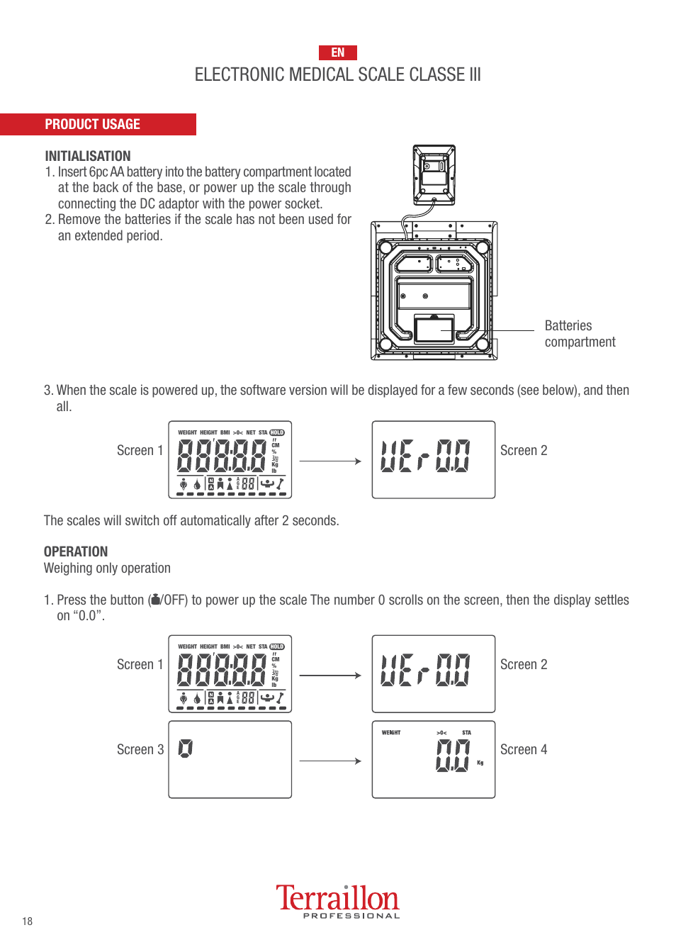 Electronic medical scale classe iii, Screen 1 screen 2, Screen 3 screen 4 | Terraillon TPRO 6200 User Manual | Page 18 / 40