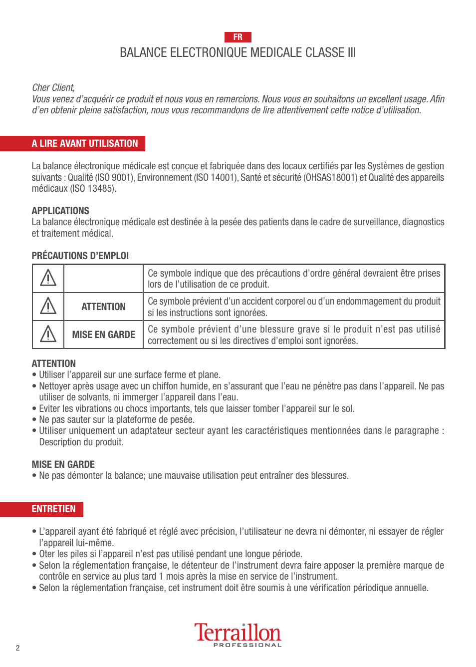 Balance electronique medicale classe iii | Terraillon TPRO 6200 User Manual | Page 2 / 40