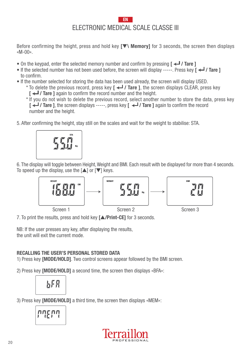 Electronic medical scale classe iii | Terraillon TPRO 6200 User Manual | Page 20 / 40