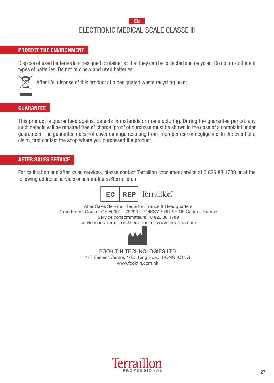 Electronic medical scale classe iii | Terraillon TPRO 6200 User Manual | Page 27 / 40