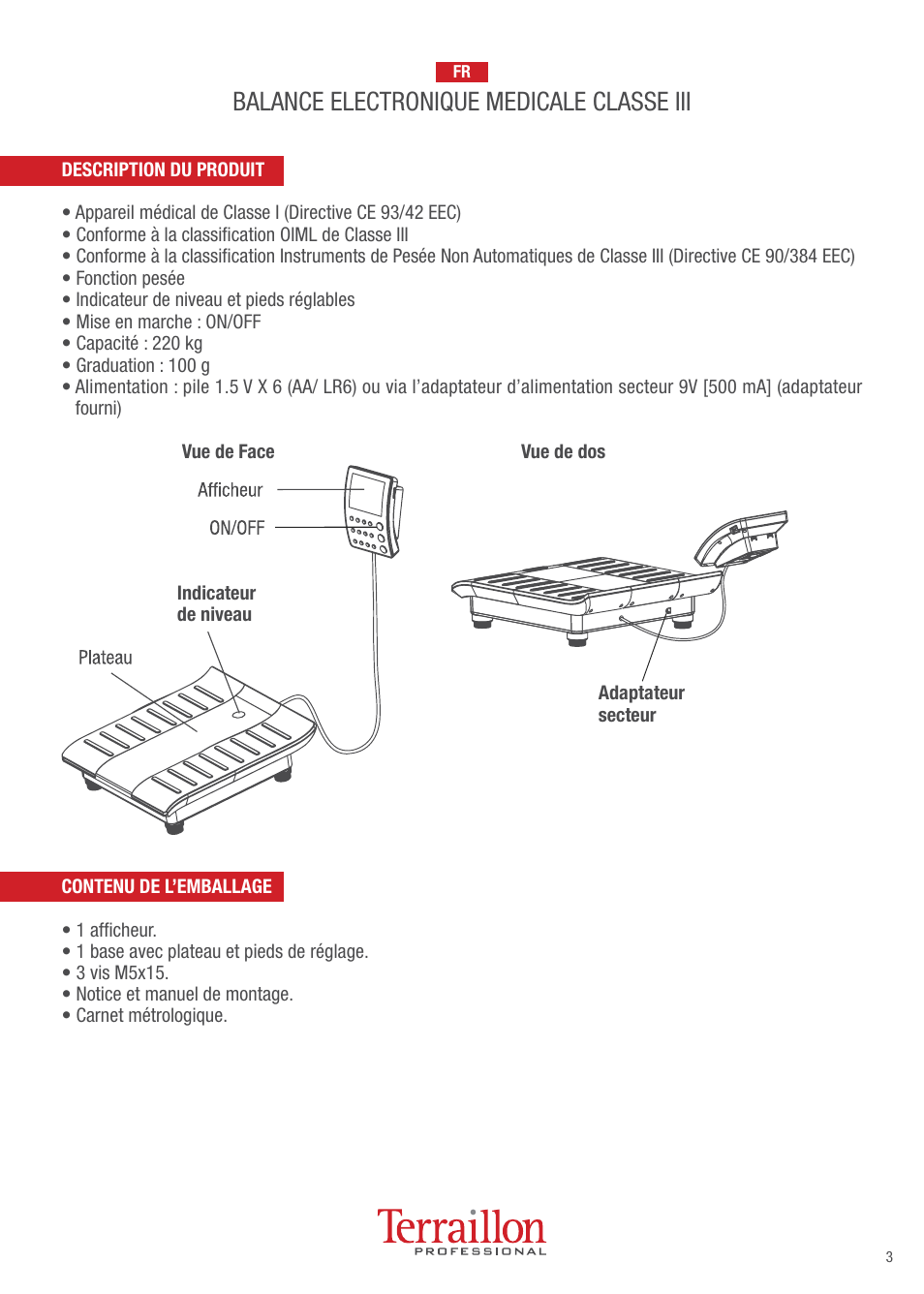 Balance electronique medicale classe iii | Terraillon TPRO 6200 User Manual | Page 3 / 40