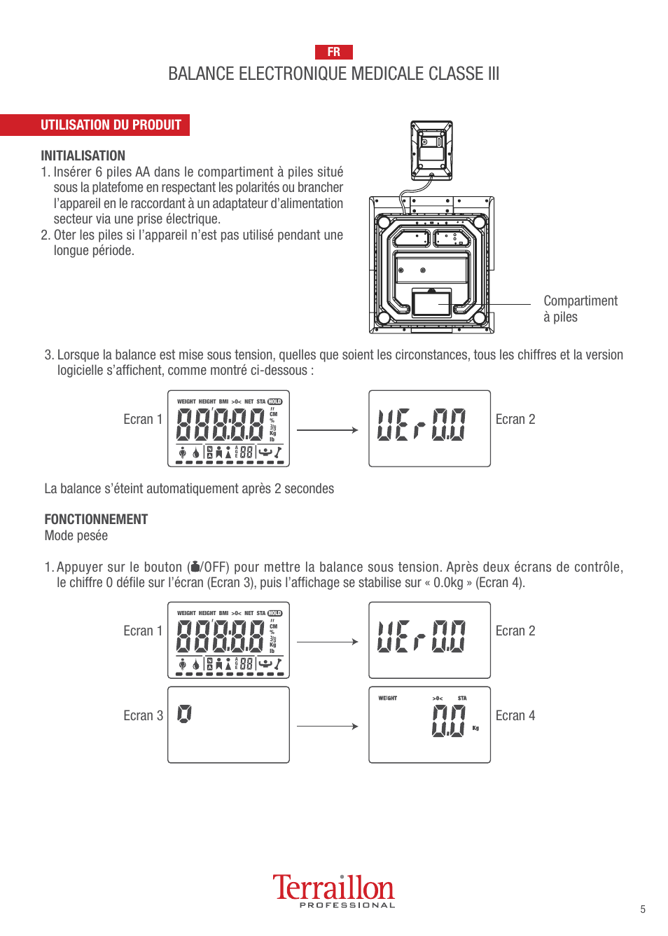 Balance electronique medicale classe iii, Ecran 1 ecran 2, Ecran 3 ecran 4 | Terraillon TPRO 6200 User Manual | Page 5 / 40