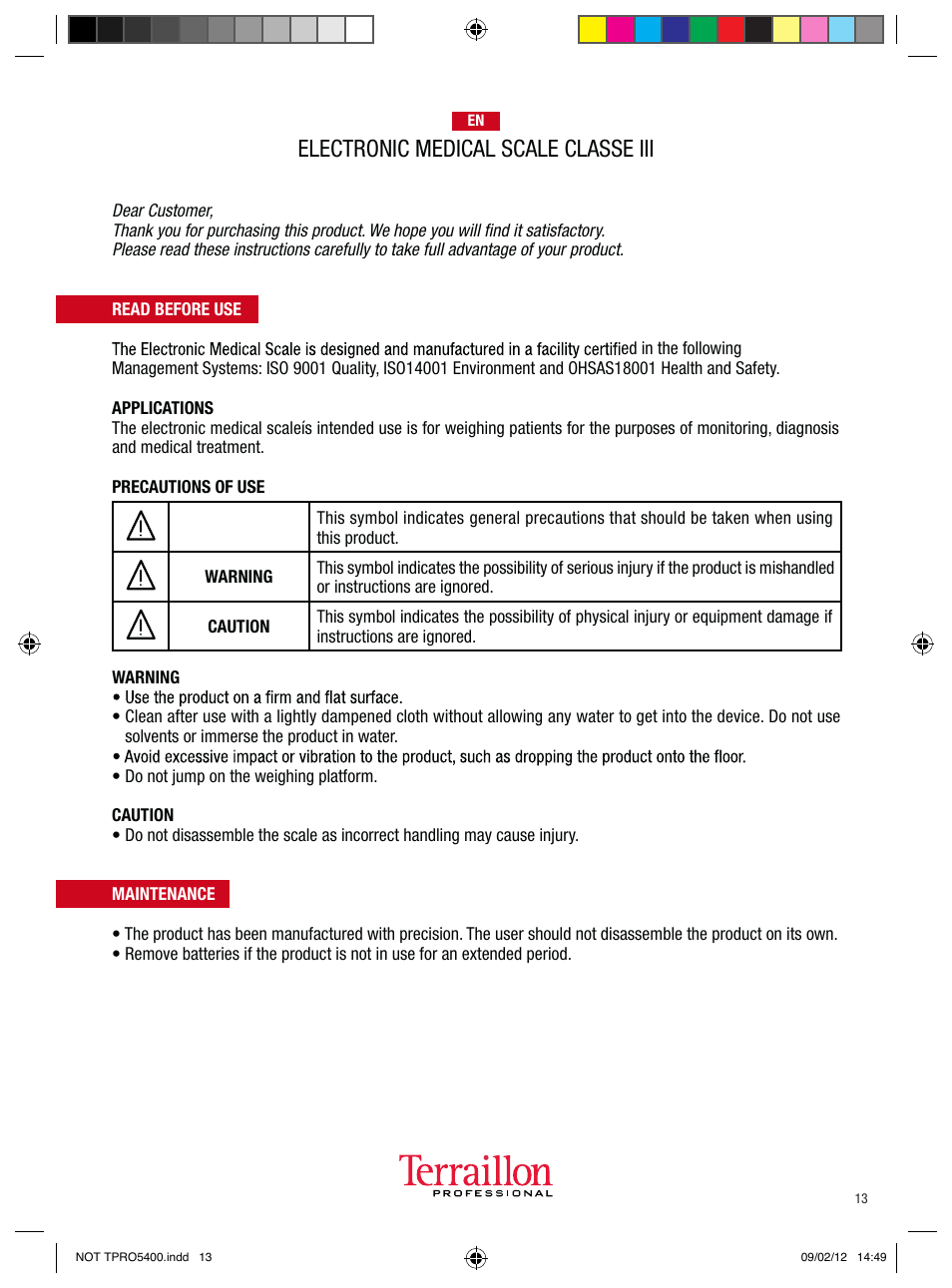 Electronic medical scale classe iii | Terraillon TPRO 5400 User Manual | Page 13 / 34