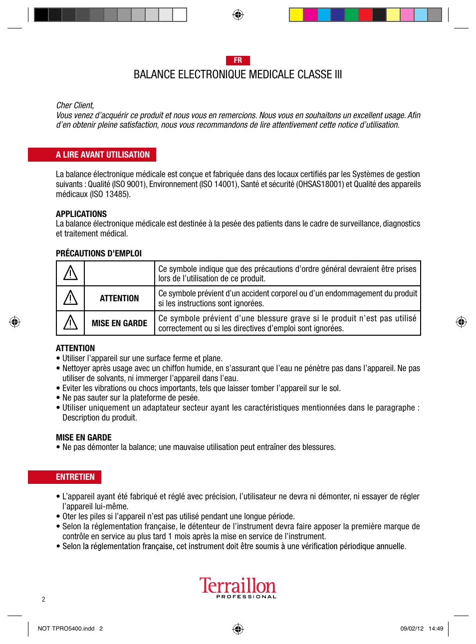 Balance electronique medicale classe iii | Terraillon TPRO 5400 User Manual | Page 2 / 34