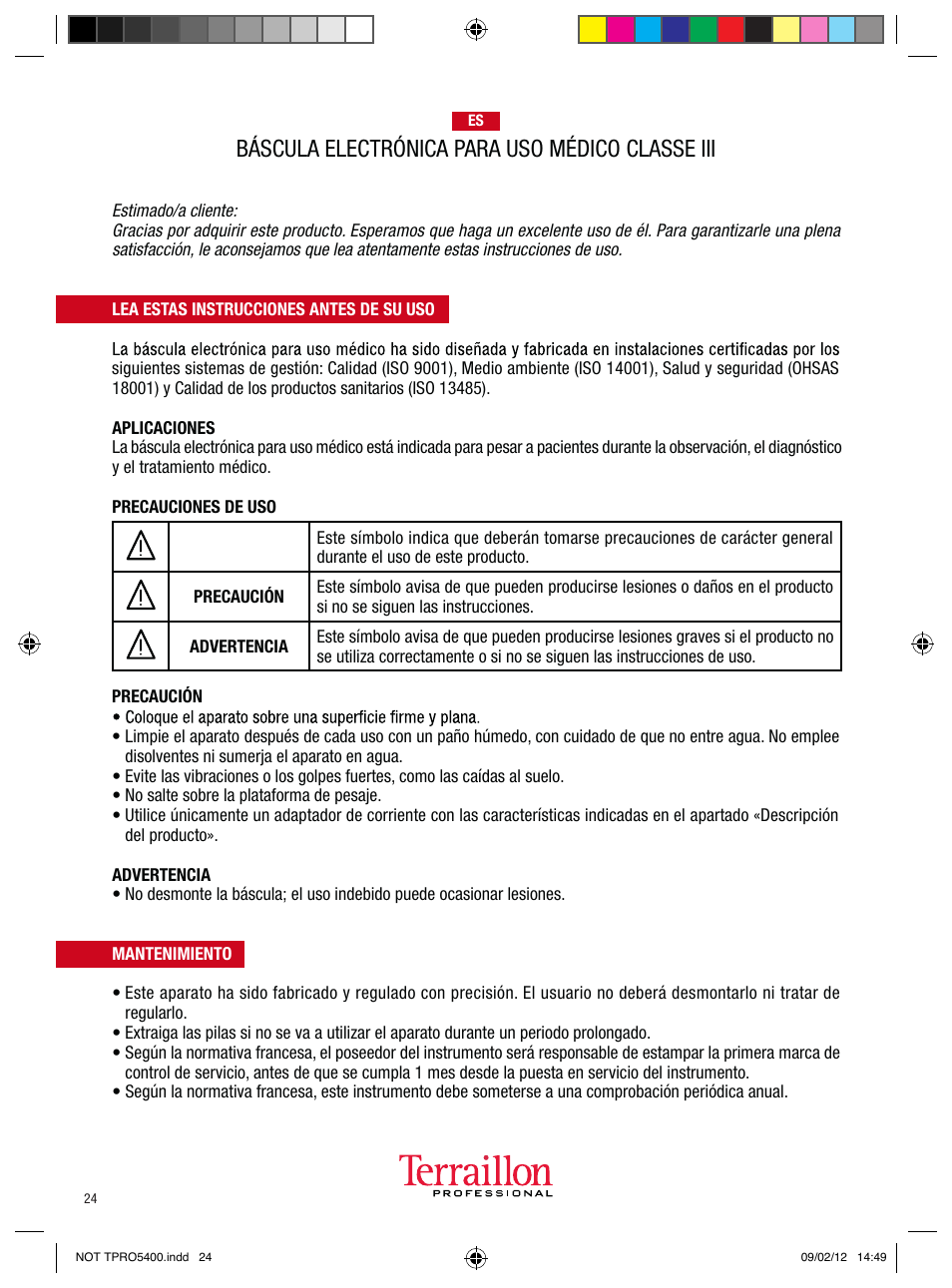 Báscula electrónica para uso médico classe iii | Terraillon TPRO 5400 User Manual | Page 24 / 34