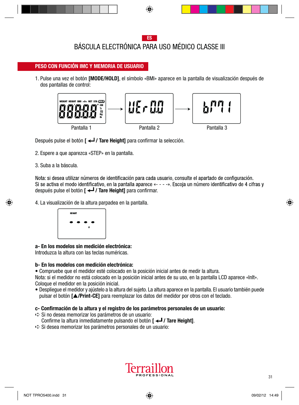 Báscula electrónica para uso médico classe iii | Terraillon TPRO 5400 User Manual | Page 31 / 34