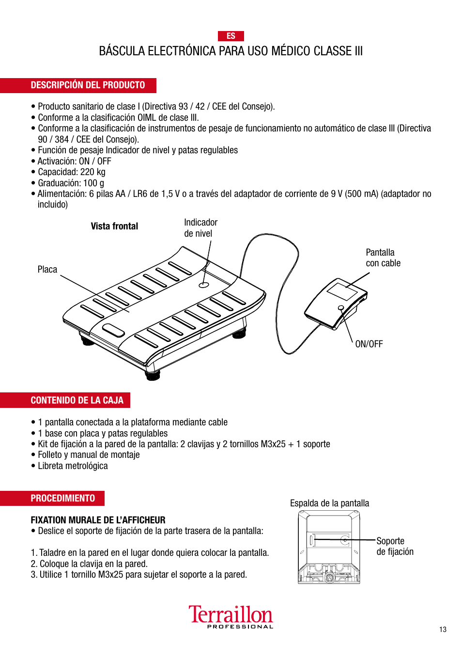 Báscula electrónica para uso médico classe iii | Terraillon TPRO 5200 User Manual | Page 13 / 16