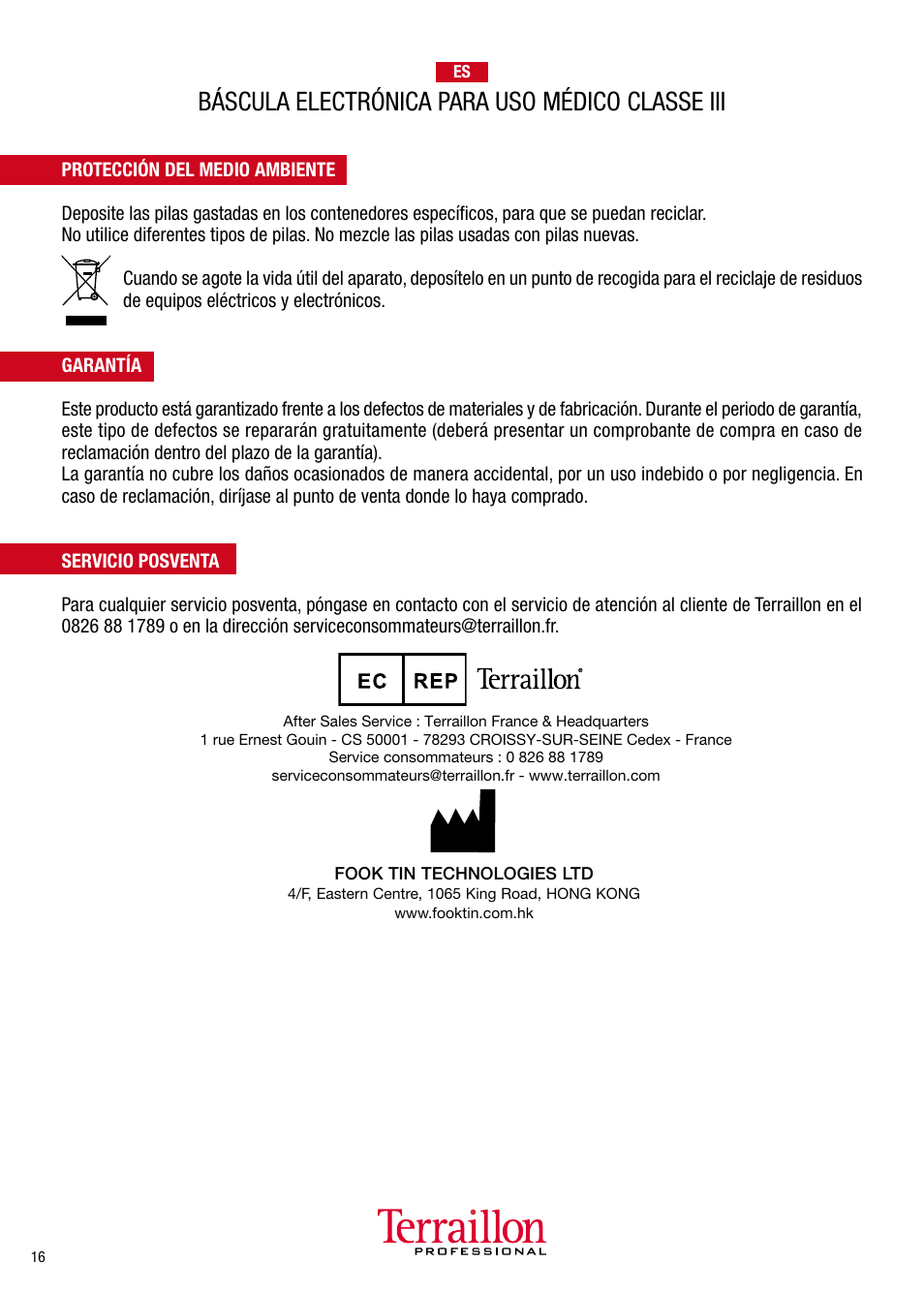 Báscula electrónica para uso médico classe iii | Terraillon TPRO 5200 User Manual | Page 16 / 16