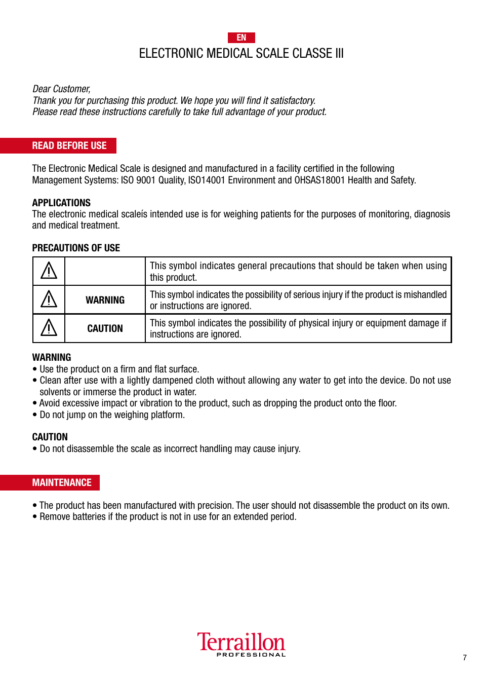 Electronic medical scale classe iii | Terraillon TPRO 5200 User Manual | Page 7 / 16