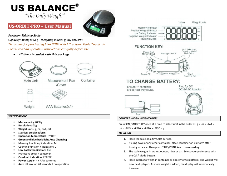 US Balance US-CYLINDER 100g x 0.01g User Manual | 2 pages