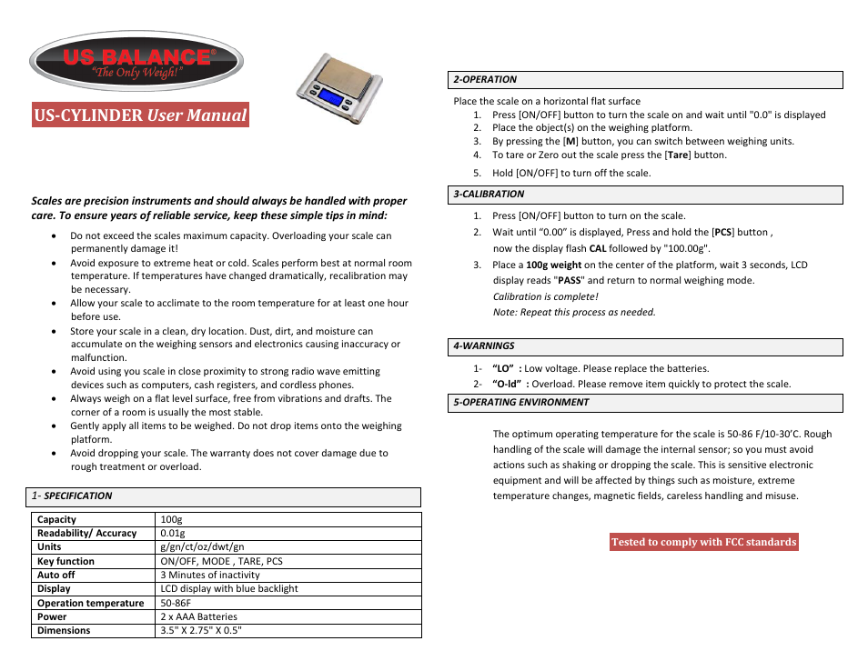 US Balance US-CYLINDER 100g x 0.01g User Manual | 1 page