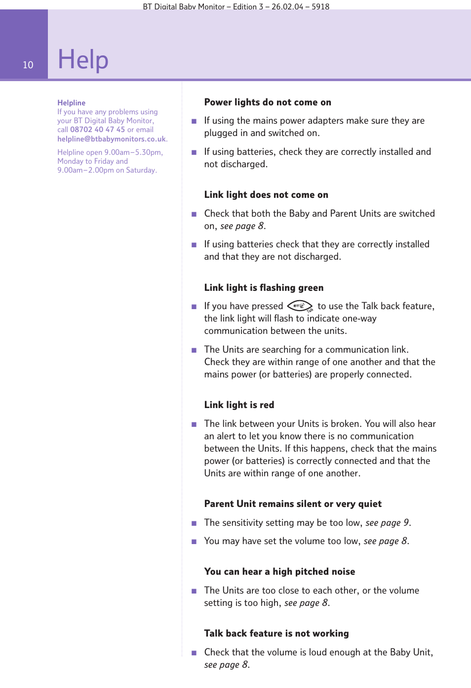 Help | BT Digital Baby Monitor User Manual | Page 10 / 12