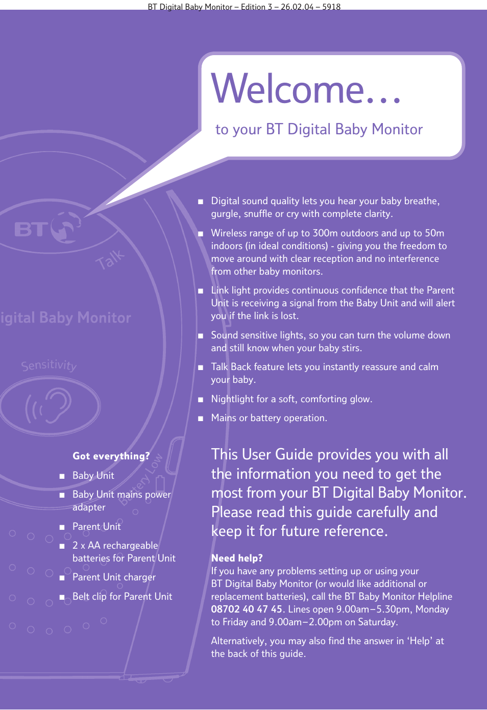Welcome | BT Digital Baby Monitor User Manual | Page 2 / 12