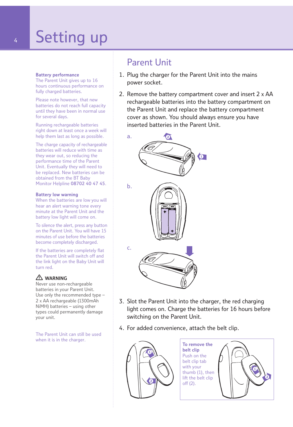 Setting up, Parent unit | BT Digital Baby Monitor User Manual | Page 4 / 12