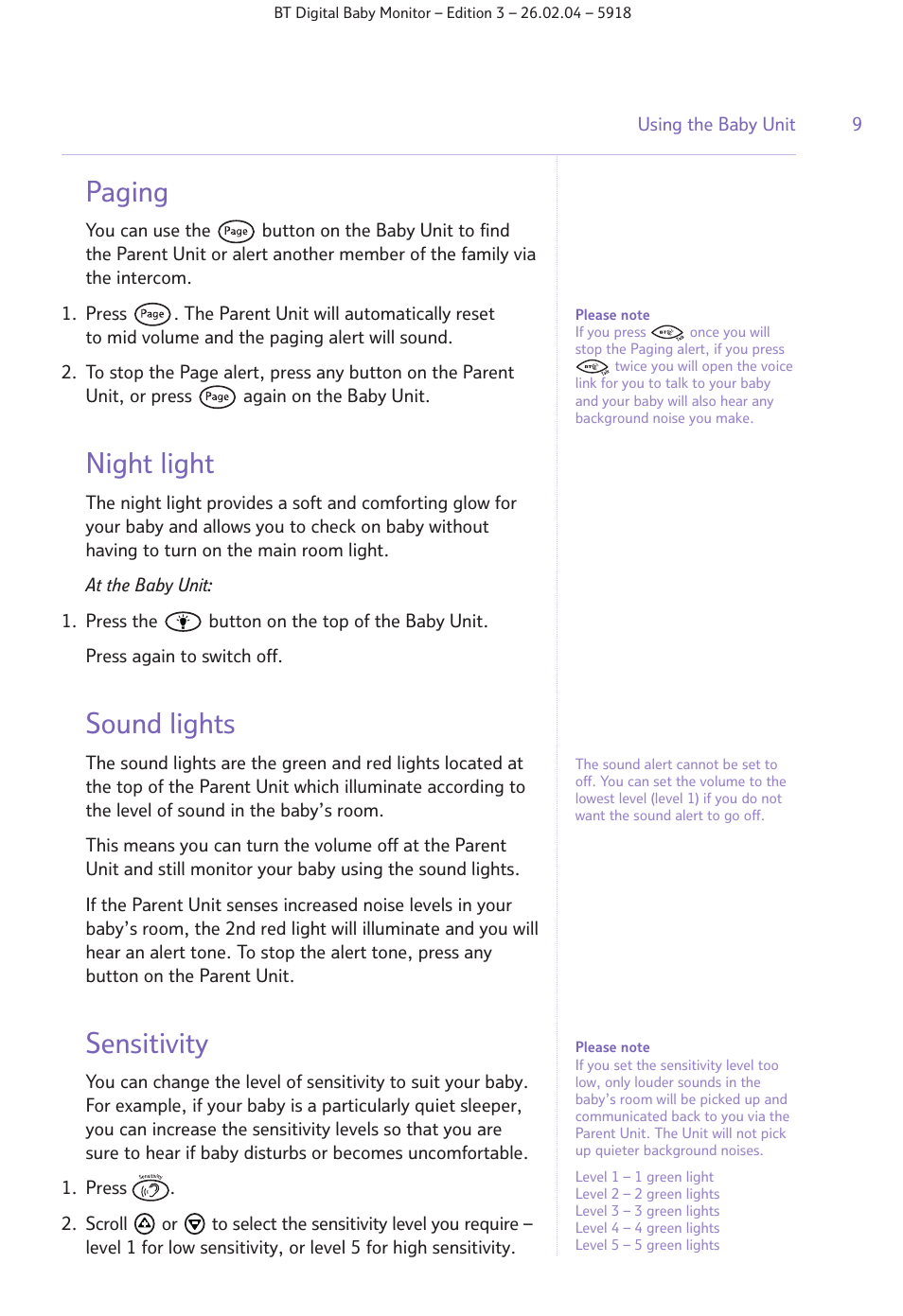 Paging, Night light, Sound lights | Sensitivity | BT Digital Baby Monitor User Manual | Page 9 / 12