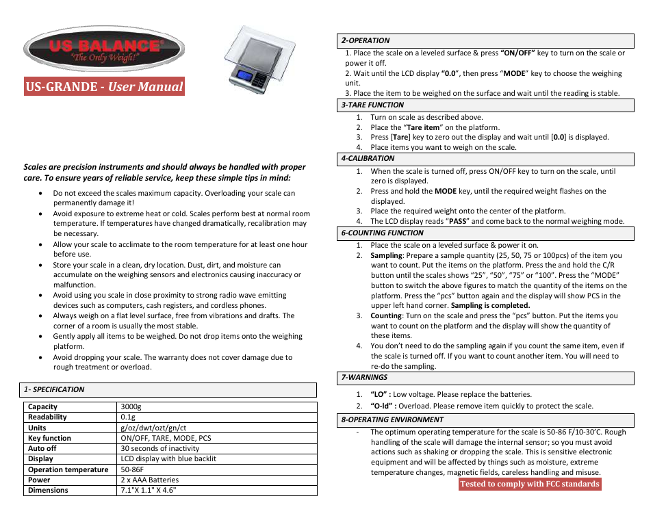 US Balance US-GRANDE 3000g x 0.1g User Manual | 1 page