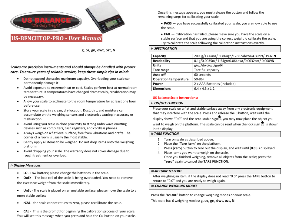 US Balance US-BENCH TOP-PRO - 2000g x 0.1g User Manual | 2 pages