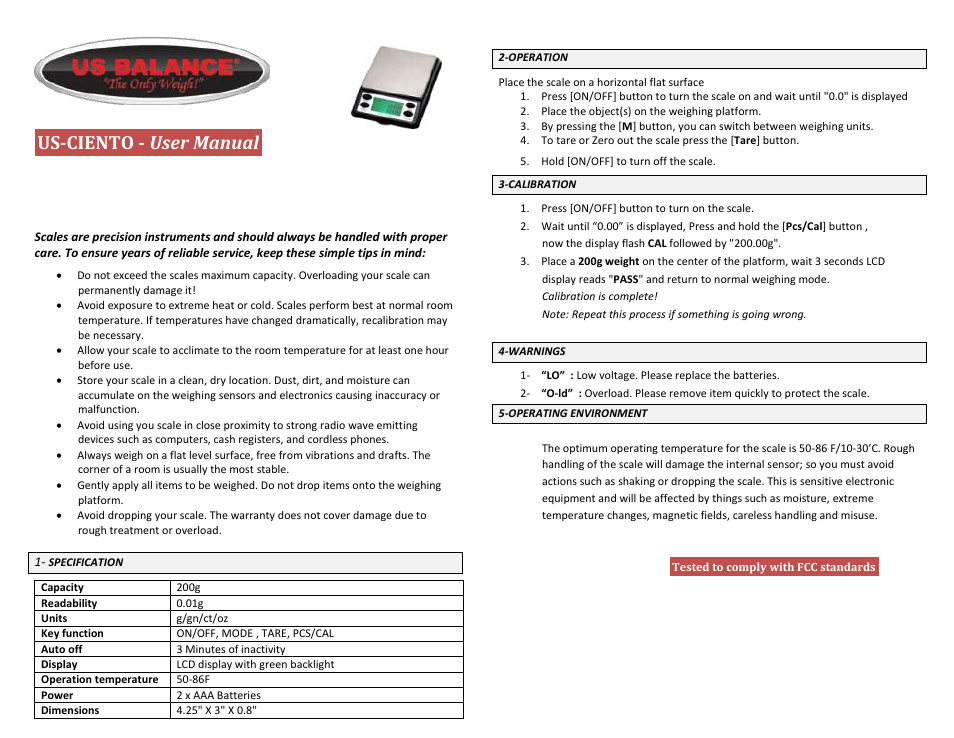 US Balance US-CIENTO 200g x 0.01g User Manual | 1 page