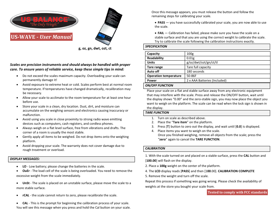 US Balance US-WAVE 100g x 0.01g User Manual | 1 page