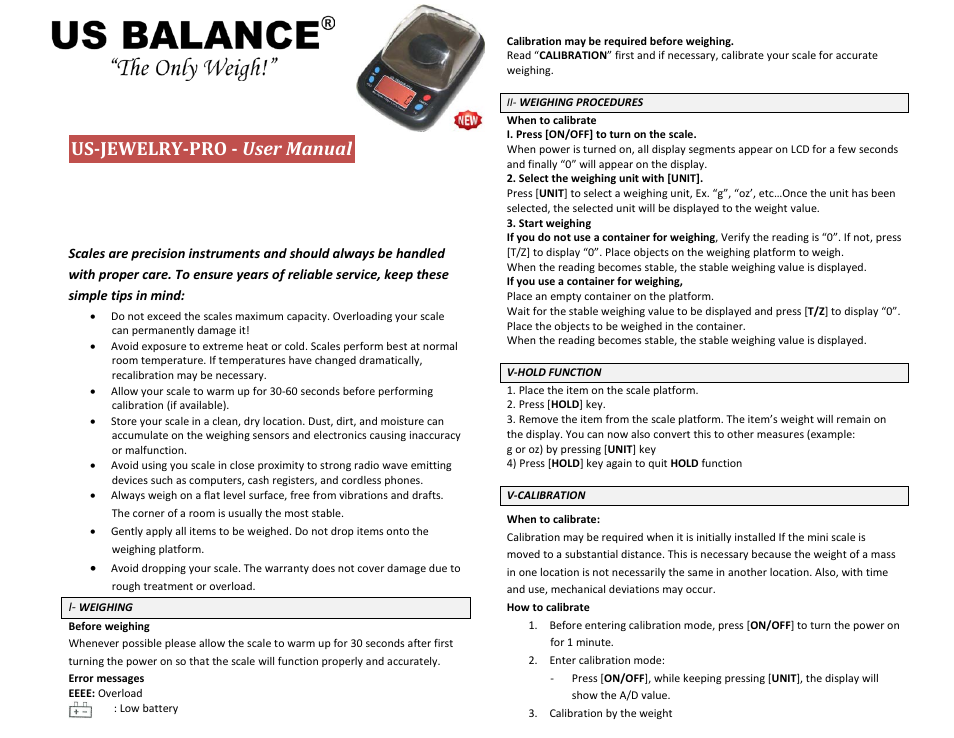 US Balance US-JEWELRY-PRO 20g x 0.001g User Manual | 2 pages