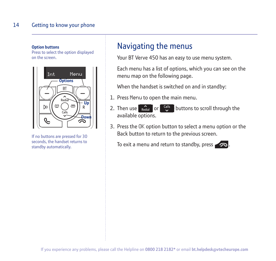 Navigating the menus | BT verve 450 User Manual | Page 14 / 80