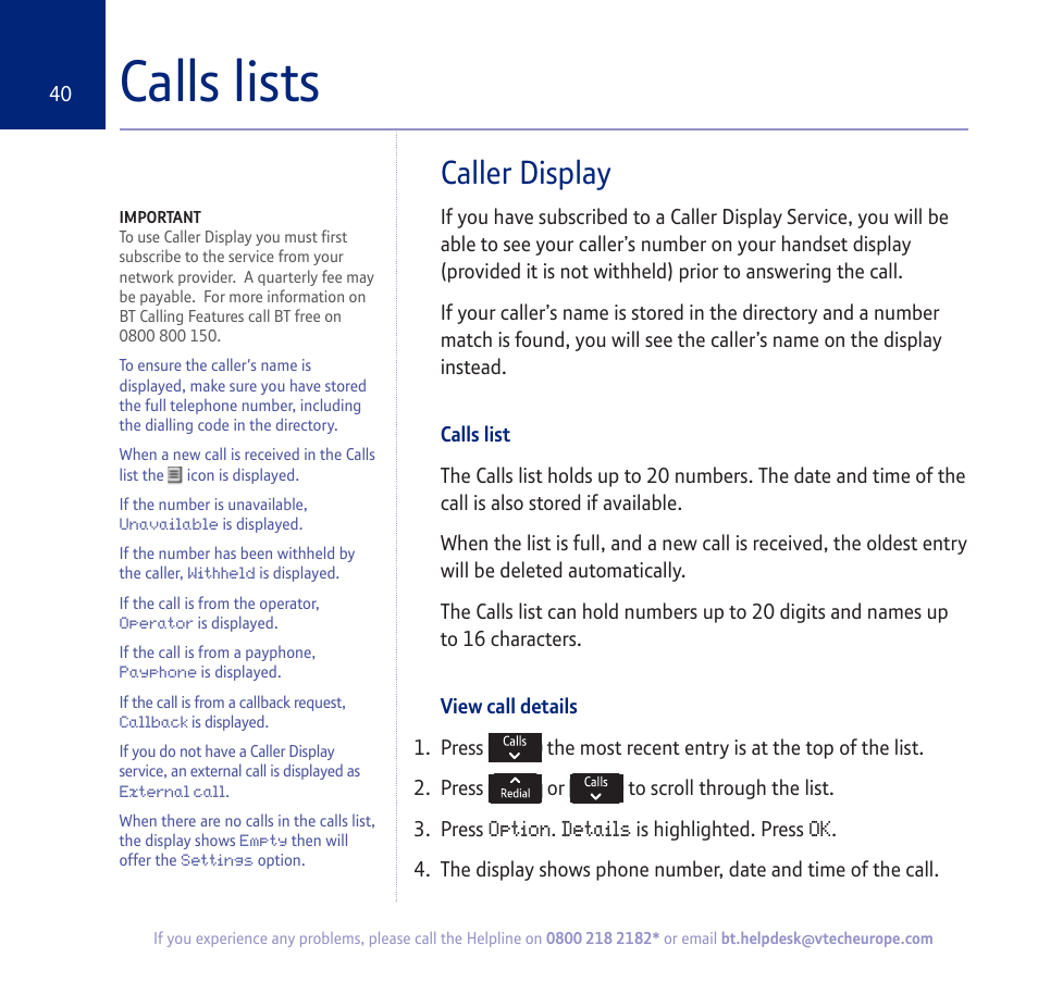 Calls lists, Caller display | BT verve 450 User Manual | Page 40 / 80