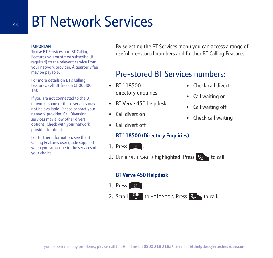 Bt network services, Pre-stored bt services numbers | BT verve 450 User Manual | Page 44 / 80