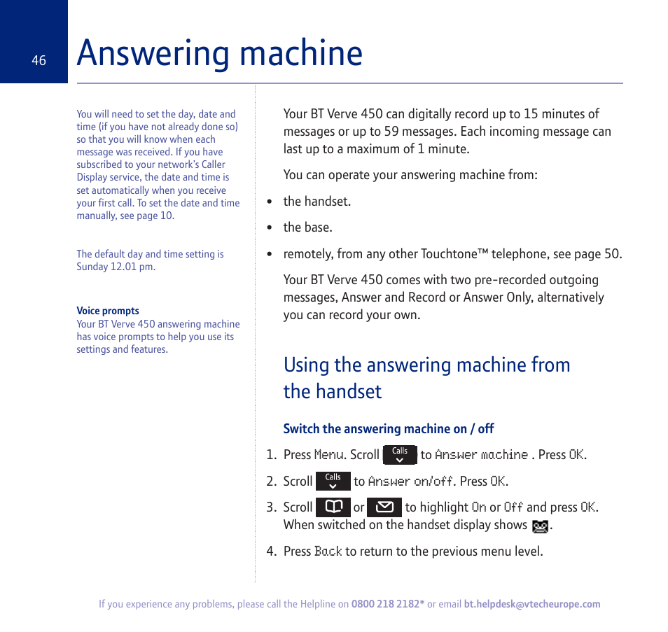 Answering machine, Using the answering machine from the handset | BT verve 450 User Manual | Page 46 / 80