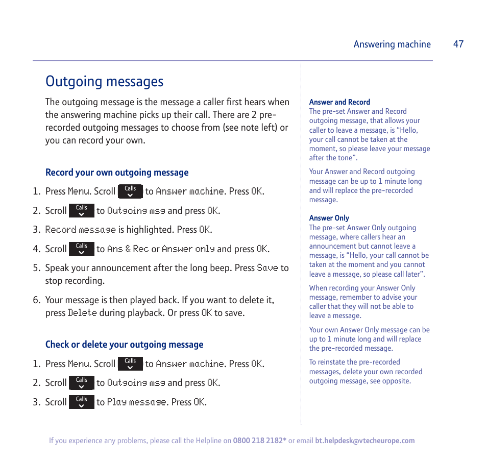 Outgoing messages | BT verve 450 User Manual | Page 47 / 80