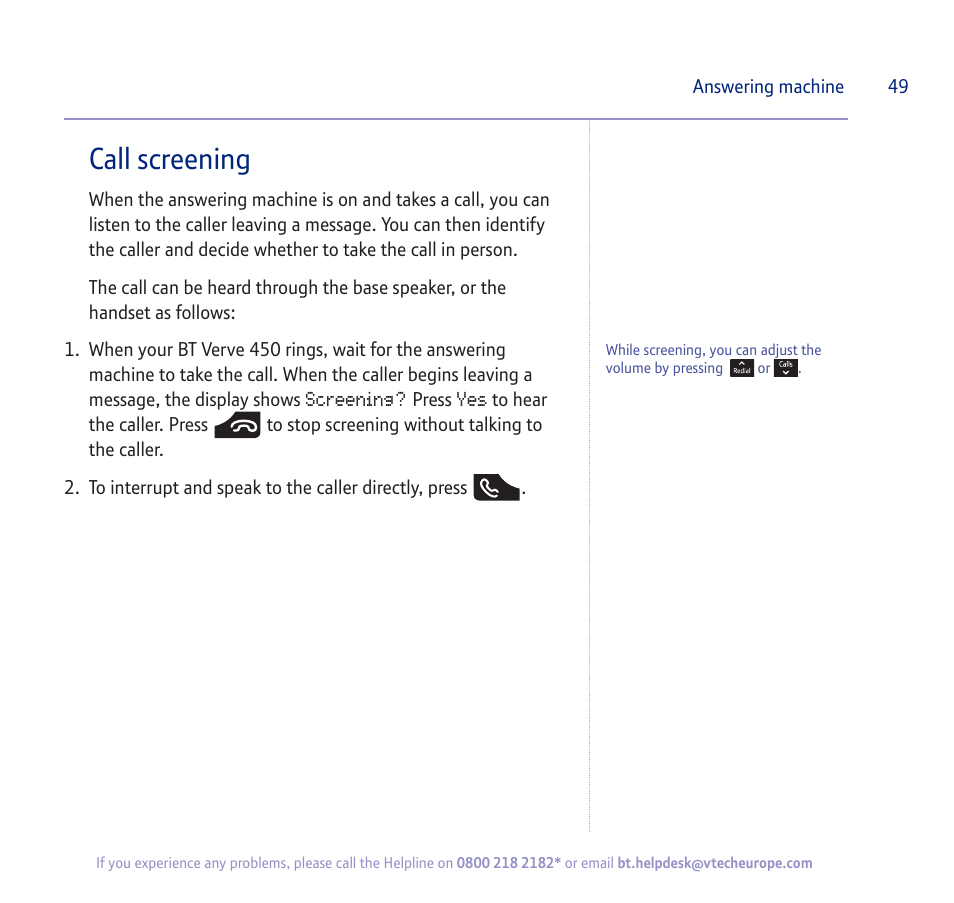 Call screening | BT verve 450 User Manual | Page 49 / 80