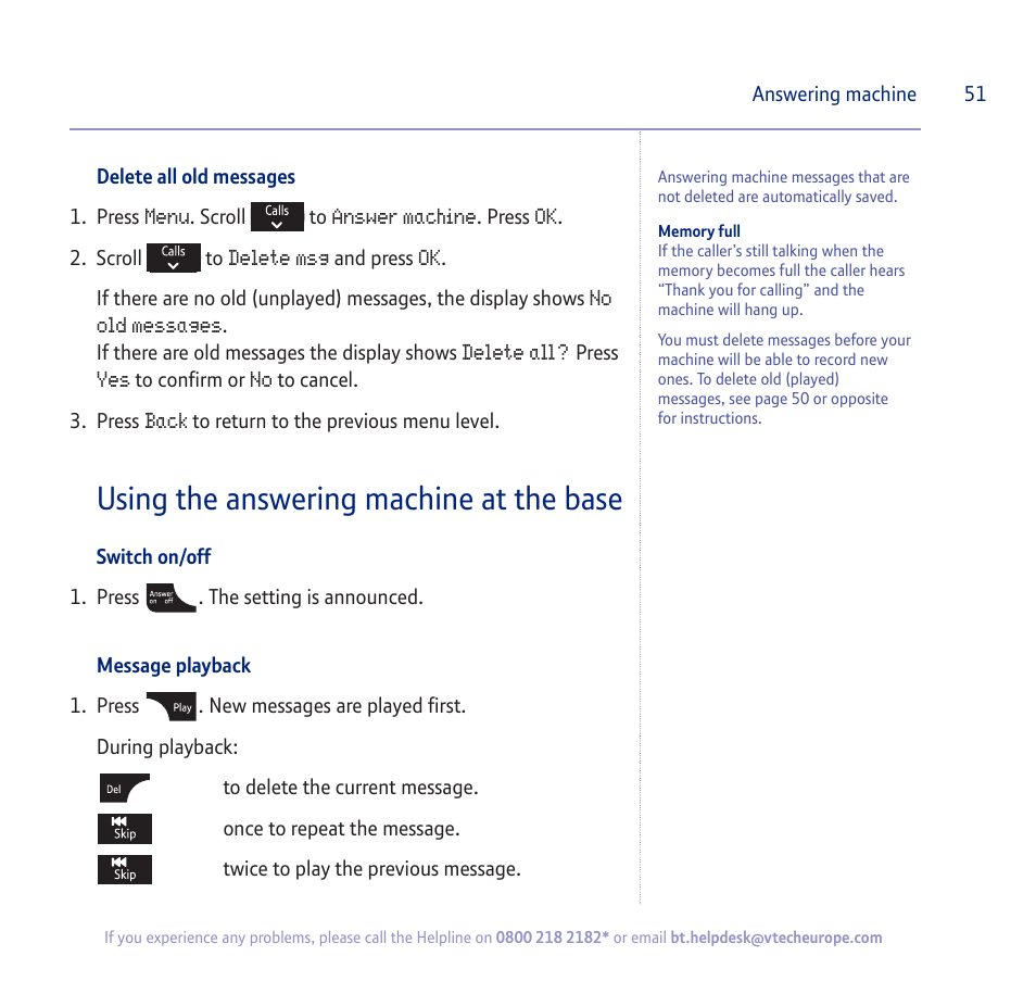 Using the answering machine at the base | BT verve 450 User Manual | Page 51 / 80